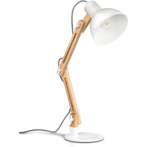 Zwenkarm bureaulamp - houten design tafellamp voor studie en werk (Wit)