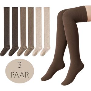 Overknee Kousen Dames – Set van 3 Paar – Beige, Lichtbruin & Donkerbruin – Maat 40-42 – Warme Lange Sokken – Katoen & Elastaan – Elastisch & Comfortabel – Hoogwaardige Kwaliteit