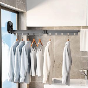 Wandgemonteerde kledingstandaard met zuignap, aluminium wasrek inschuifbaar met 10 haken, ruimtebesparend inklapbaar wasrek voor balkon, wasruimte