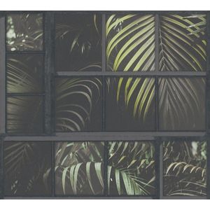 OUDE RAMEN MET PLAMBLAD BEHANG | Botanisch & Landelijk - zwart grijs groen - A.S. Création Industrial