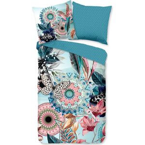 Cheqo® Luxe Satijnen Dekbedovertrek 135x200 cm - Mandala's en Bloemen Print - Aqua - 1 Persoons - 100% Katoen-Satijn