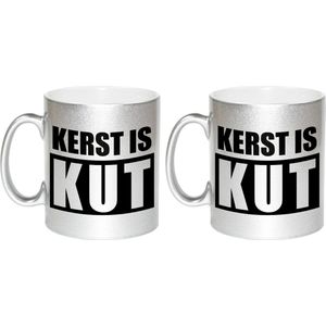 Set van 2x stuks kerstmokken kerst is kut - 330 ml - zilverkleurig - koffiemokken / theebekers - Kerstmis - kersthater / kutkerst