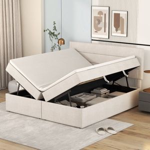 Gestoffeerd bed, tweepersoonsbed met lattenbodem van metalen frame, grote opbergruimte, aan beide zijden te openen, beige, 200x140cm