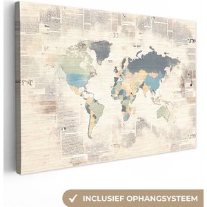 Canvas Schilderij Wereldkaart - Vintage - Krant - Pastel - Canvasdoek - 180x120 - Wanddecoratie