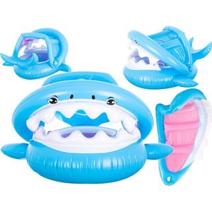 Playos® - Zwemband Haai - met Zitje - Zonnescherm - Blauw - Peuter en Baby - Zwemring - Babyzwemband - Babyfloat - Zwemtrainer - Opblaasbaar - Zwemstoel - Opblaasbare Rubberboot - Rubber Bootje