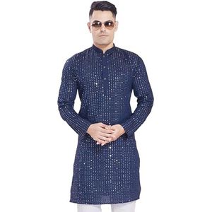 Heren pailletten spiegel geborduurd katoen zijde mix slim fit kurta