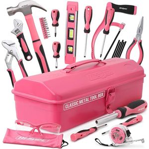 30-delige roze gereedschapsset met metalen kist: toolset met hamer, schroevendraaiers, tang, sleutel, zaag & meer voor thuisreparaties