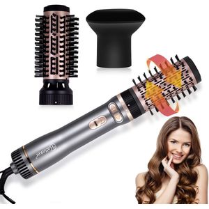 Hatteker 3-in-1 Fohnborstel met Automatische Rotatie, Keramische Ionen Technologie, Haardroger en Styling Set Grijs