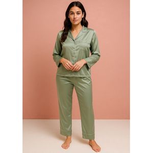 Kimomi Satijnen Pyjama Dames – Luxe Loungewear & Nachtkleding – Homewear Set met Lange Broek – Groen - Maat S