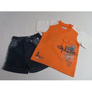 Ensemble - Tshirt + korte broek - Oranje , offwitt ,jeans - 12 maand 74