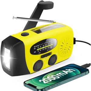 Noodradio met handzwengel en LED-zaklamp – AM/FM weerwaarschuwing radio – 2000 mAh powerbank – Zonne-energie & USB-oplaadbaar – Compacte draagbare noodradio voor kamperen, noodsituaties & stroomuitval – Multifunctionele weer radio – Geel