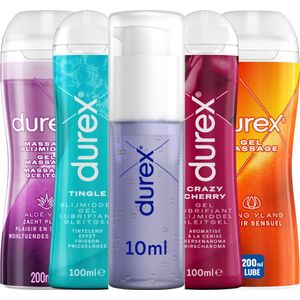 Durex - 4 Glijmiddelen en 1 Stimulerende gel - 2 in 1 Aloë Vera 200ml - 2 in 1 Sensitive - Play Tingle Gel 100ml - Crazy Cherry (Kers) 100ml - Orgasm Intense Stimulerende Gel 10ml - Voordeelverpakking