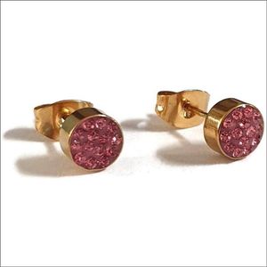 Aramat jewels ® - Goudkleurige oorbellen druzy zweerknopjes fuchsia roze kristal chirurgisch staal 6mm