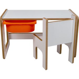 Industrial living kindertafel met oranje opberglade - Kinderbureau - Tekentafel met kinderstoel - Speeltafel -Activiteitentafel - Hout - Wit