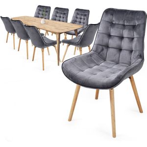 Miadomodo Eetkamerstoelen - Velvet - Fluweel - Houten Poten - Gewatteerd - Set van 8 - Donker Grijs