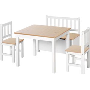 Multifunctioneel Speelhoek Tafel Set bestaat uit 1 Kindertafel & 2 stoelen & 1 Bank met Opslag - Spelen / Opbergen / Extra Zitgedeelte/ Eten - Afgeronde Randen - MDF Grenen Houten Poten, voor Stabiliteit - Grote extra Opbergruimte onder de Zitbank