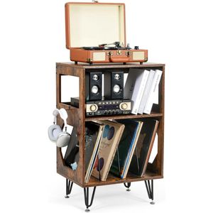 Goodivery® - Platenspeler Kast - Platenspeler Meubel - Lp Kast - Vinyl Kast - Draaitafelplank met Opbergruimte - Hout - Metalen Voeten - Voor 160 Albums - 66x42x12cm - Vintage Bruin
