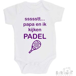 100% katoenen Romper ""ssssstt.. Papa en ik kijken Padel"" Padellen Meisjes Katoen Wit/paars Maat 62/68