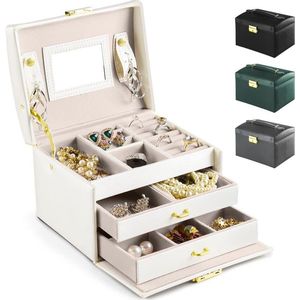Sieradendoos Sieradenkoffer Sieradenkistje PU-leer Elegant Draagbaar Sieraden Organizer met Spiegel en Slot, voor Ringen, Armbanden, Oorbellen, Kettingen (Wit)