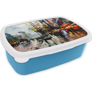 Broodtrommel Blauw - Lunchbox - Brooddoos - Schilderij - Stad - Olieverf - 18x12x6 cm - Kinderen - Jongen