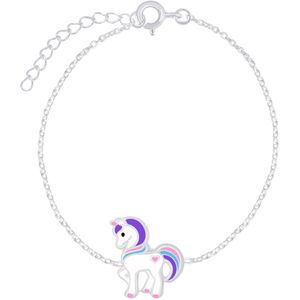 Joy|S - Zilveren eenhoorn armband - pony armband - 14 cm + 3 cm - unicorn multicolor - met roze hartje - voor kinderen