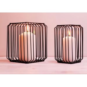 Kandelaar set van 2 | windlicht metaal zwart | houder zwart | zwarte decoratie | windlicht van draad | vierkante look | geschenkartikel | tijdloos cadeau