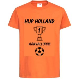 T-shirt Kinderen ""Hup Holland AANVALLUHH!!"" EK Voetbal Europees Kampioen Kampioenschap Oranje | korte mouw | Oranje/zwart | maat 158/164