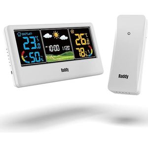 Raddy WF-55C wireless weather station with outdoor sensor color display for indoor and outdoor weather forecast with hygrometer thermometer alarm clock for home