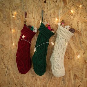 3-pack kerstsokken, gebreid ruitpatroon, wollen hanger, cadeaudecoratie, ornament, 53 cm grote kousen