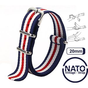 20mm Nato Strap Rood Wit Blauw  streep - Vintage James Bond - Nato Strap collectie - Mannen - Horlogebanden - 20 mm bandbreedte voor oa. Seiko Rolex Omega Casio en Citizen