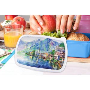 Broodtrommel Blauw - Lunchbox - Brooddoos - Schilderij - Architectuur - Water - Bergen - Olieverf - 18x12x6 cm - Kinderen - Jongen