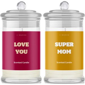 Kaarsen geschenkset Moeder - SuperMom Love You - Grappige Cotton Geurkaarsen voor Moeder - in Glas met Tekst - Verjaardag Cadeau mama - Moederdag Geschenkset - Happy Birthday