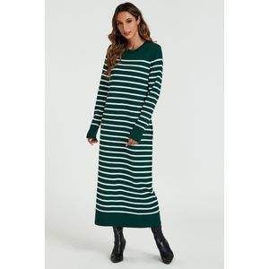 Gestreept gebreide tuniek-truijurk in donkergroen