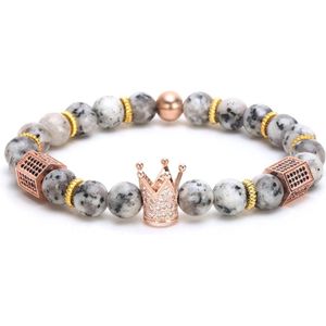 AWEMOZ Natuursteen Armband - Luxe Kralen Armbandje - Kroon - Grijs/Brons - Cadeau