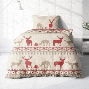 Beddengoed van flanellen hert, 135 x 200 cm, katoen, beige/rood - warme winterbeddengoed - kerstbeddengoed rood - eland beddengoed