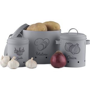 Navaris set van 3 voorraadpotten - Voor aardappelen, uien en knoflook - Metalen voorraadblikken - Voor opslag en houdbaarheid - Vaatwasserbestendig