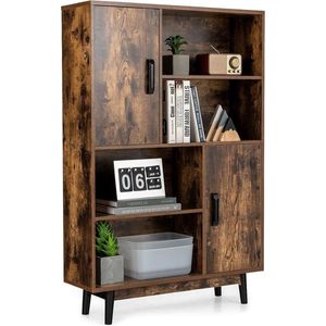 Boekenkast met 2 deuren en 4 open planken, boekenkast, hout, staand rek, houten rek, opbergrek voor woonkamer, werkkamer, 80 x 24 x 120 cm (koffie)