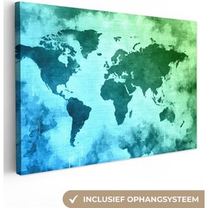 Canvas Wereldkaart - 90x60 - Wanddecoratie Wereldkaart - Blauw - Groen