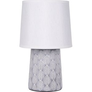 BRUBAKER Tafellamp bedlampje - 33 cm - grijs - keramiek lampvoet - blad ornamenten - linnen kap wit