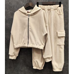Joggingpak meisjes 2-delig – Vest met Capuchon & Joggingbroek – Zachte Fleece – Maat 98/104 – Kleur Beige - Topkwaliteit