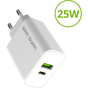 SanGuan USB-A & USB-C Adapter - 25W Snellader - USB Oplader - Fast Charger - USB Stekker - voor iPhone 16/15/14/13/12/11/SE, iPad, Galaxy S24/S23/S22/A55/A54/A53, Tab etc.