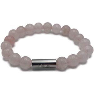 H-Beau - Handgemaakte Armband van Edelstenen - Natuurstenen – Rozenkwarts Kralen - Dames - Tiener - Unisex - RVS Kraal - 8mm - lengte 16,5cm - Gepolijst - Roos - Sterrenbeeld - Stier - Kreeft - Weegschaal