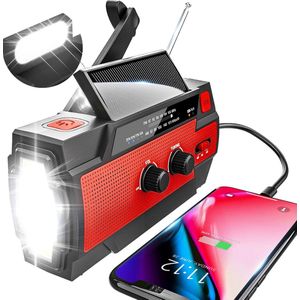 Noodradio Solar Opwindbaar - 4000 mAh - Radio op Batterijen - Solar Powerbank - Noodradio Opwindbaar - Noodpakket - Dynamo Solar - Survival Radio - Rood