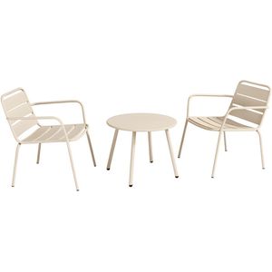 Vente-unique Tuinzithoek van metaal - 2 lage opstapelbare fauteuils en een uitschuiftafel - Beige - MIRMANDE van MYLIA L 60 cm x H 71.5 cm x D 67.5 cm