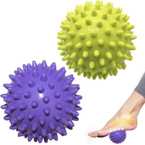 Massageballen (set van 2) - Triggerpointballen - Massageballen met reliëfpunten - Puntige ballen - Egelballen - Massageballen - Triggerpoint-oefenballen - Voor het masseren van hand-, been-, schouder-, heup- en voetspieren (Groen/Paars 7,5 cm)