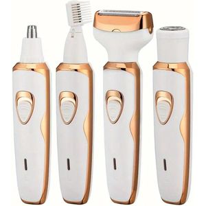 Oplaadbare 4-in-1 Miguan Scheerapparaat voor Dames – Precisietrimmer, Neustrimmer, Baard/Wenkbrauwtrimmer + Full Body Shaver – Pijnloze Ontharing – USB-Oplaadbare Dames Trimmer – Voor een complete en perfecte Lichaamshaar verzorging - Kleur Wit/Goud