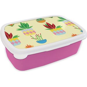 Broodtrommel Roze - Lunchbox - Brooddoos - Planten - Bloempot - Patronen - Regenboog - 18x12x6 cm - Kinderen - Meisje