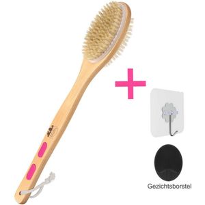 Blubs® – Houten Badborstel – Dry brush – Rug Scrubber – Lichaamsborstel – Rugborstel douche met steel – Huidborstel – Rugborstel hout – Houten Badborstel met steel – Doucheborstel met steel – Houten borstel – Droogborstel – Massage – Roze