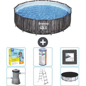 Bestway Rond Steel Pro MAX Zwembad - Houtprint - 427 x 107 cm - Inclusief Pomp - Ladder - Afdekzeil Onderhoudspakket - Filter - Vloertegels