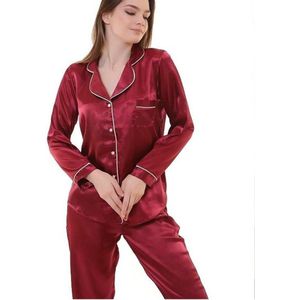 Satijn Dames 2- Delige -Pyjama- Luxe Pyjamaset- Nachtkleding Bordeaux Maat L